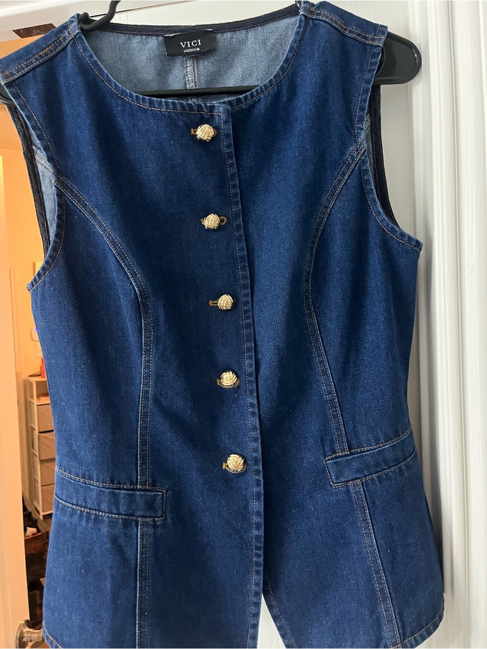VICI Dark Blue Denim Sleeveless Vest with Gold Buttons